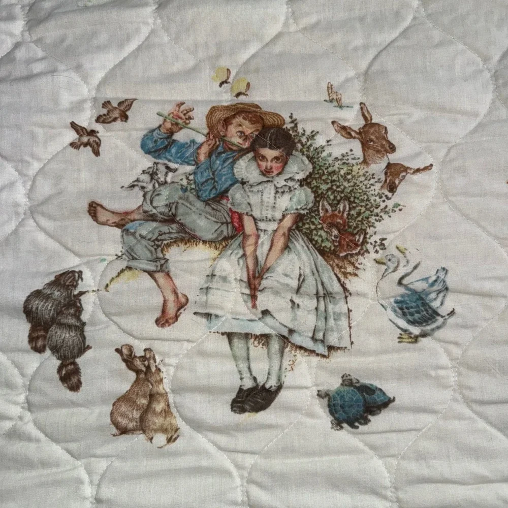 Norman Rockwell Quilt Bedspread Full Queen White Fair Vintage Americana Art